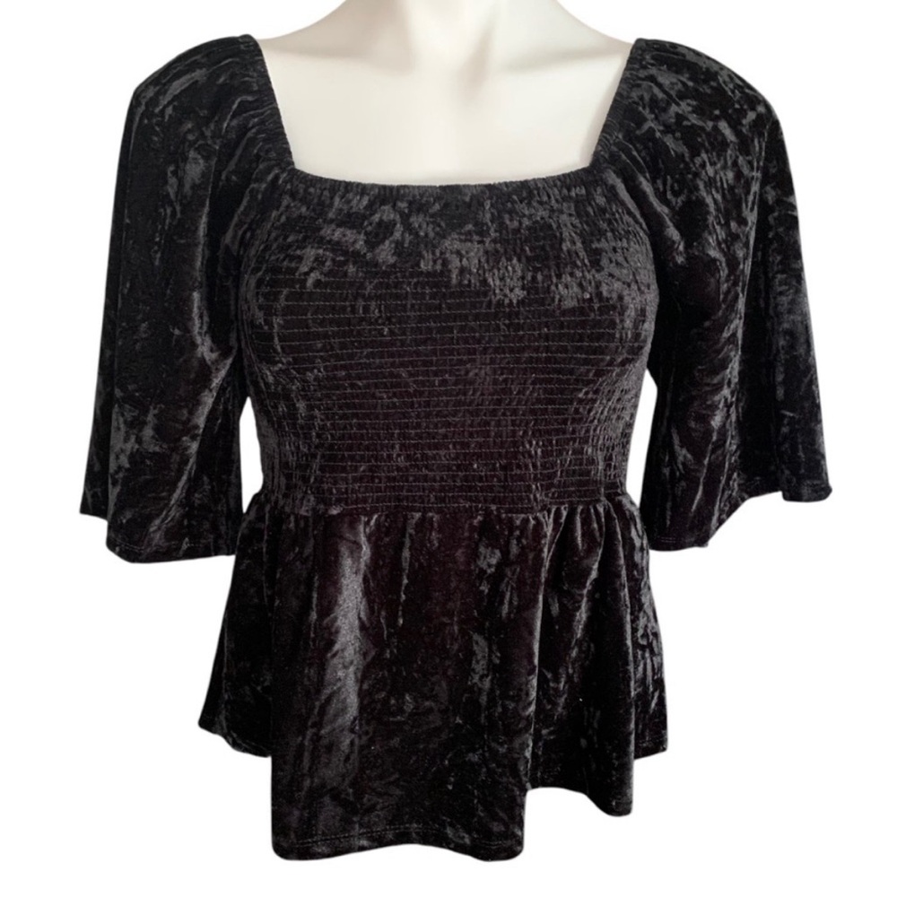 Belle Du Jour Black Crushed Velvet Peasant Blouse with Peplum 2X